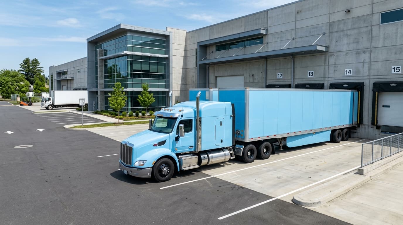 Freight dispatching logistics facility with semi truck